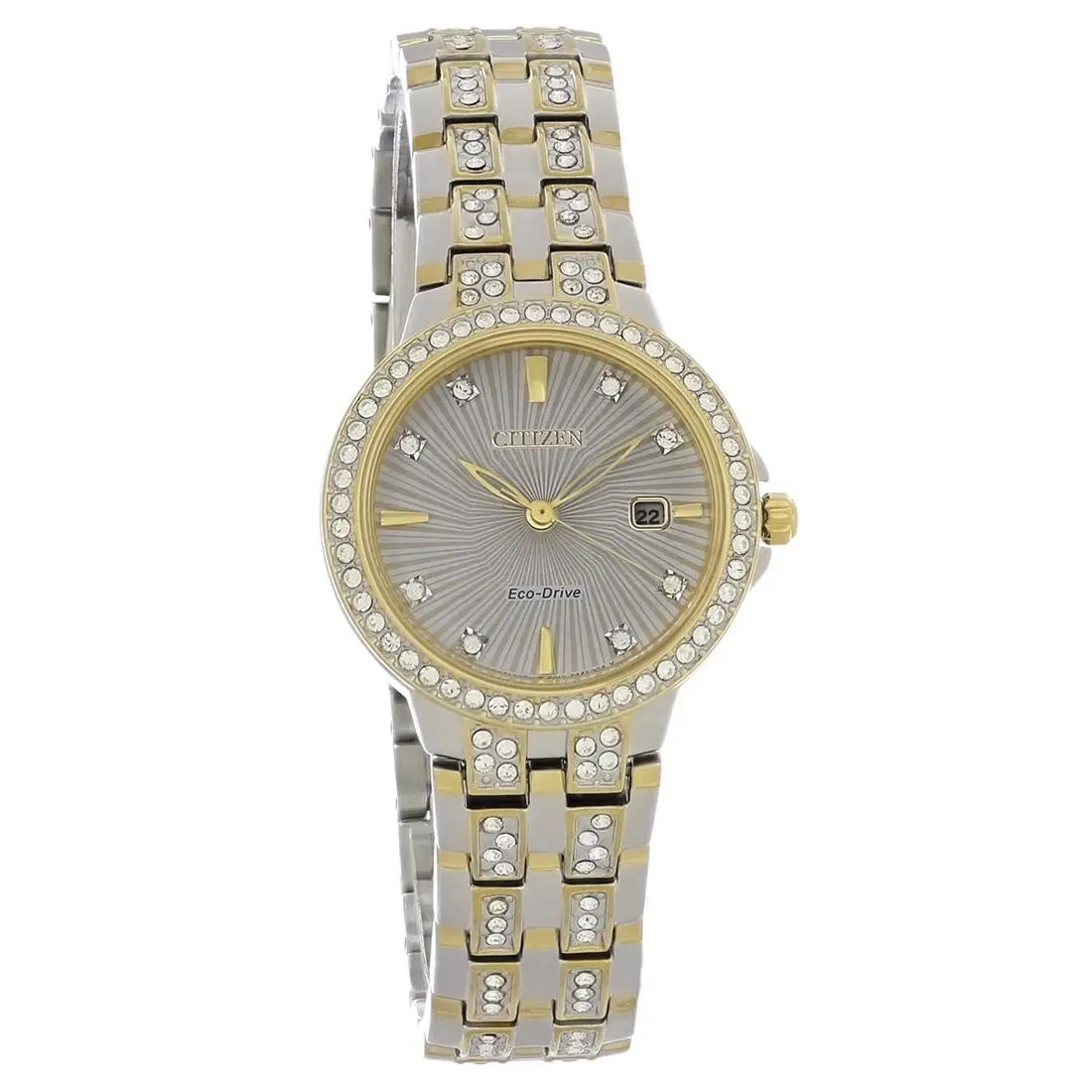 Citizen Eco-drive Women`s Silhouette Crystal Two Tone Stainless Watch EW2344-57A - Face: Silver, Dial: Silver, Band: Two-Tone