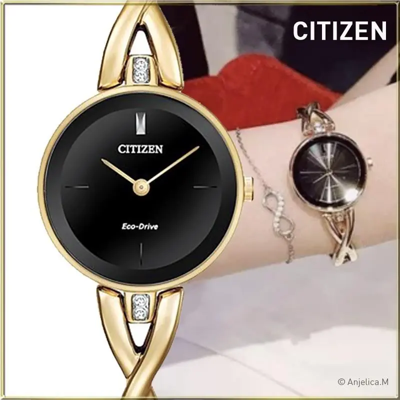 Citizen Eco-drive 23mm Black Dial Gold Plated Women Wristwatch EX1422-54E