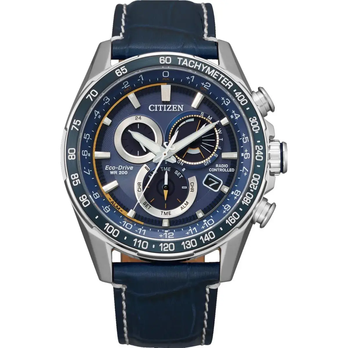 Citizen CB5918-02L Men`s Pcat Atomic Time Perpetual Calendar Leather Band Watch - Dial: Blue, Band: Blue, Bezel: Silver
