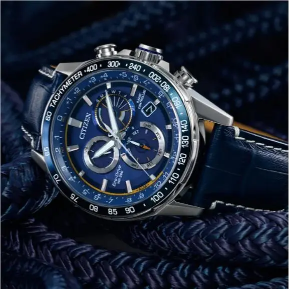 Citizen Eco-drive Blue Leather Men`s Quartz Watch - CB5918-02L - Dial: Blue, Band: Blue, Bezel: Blue