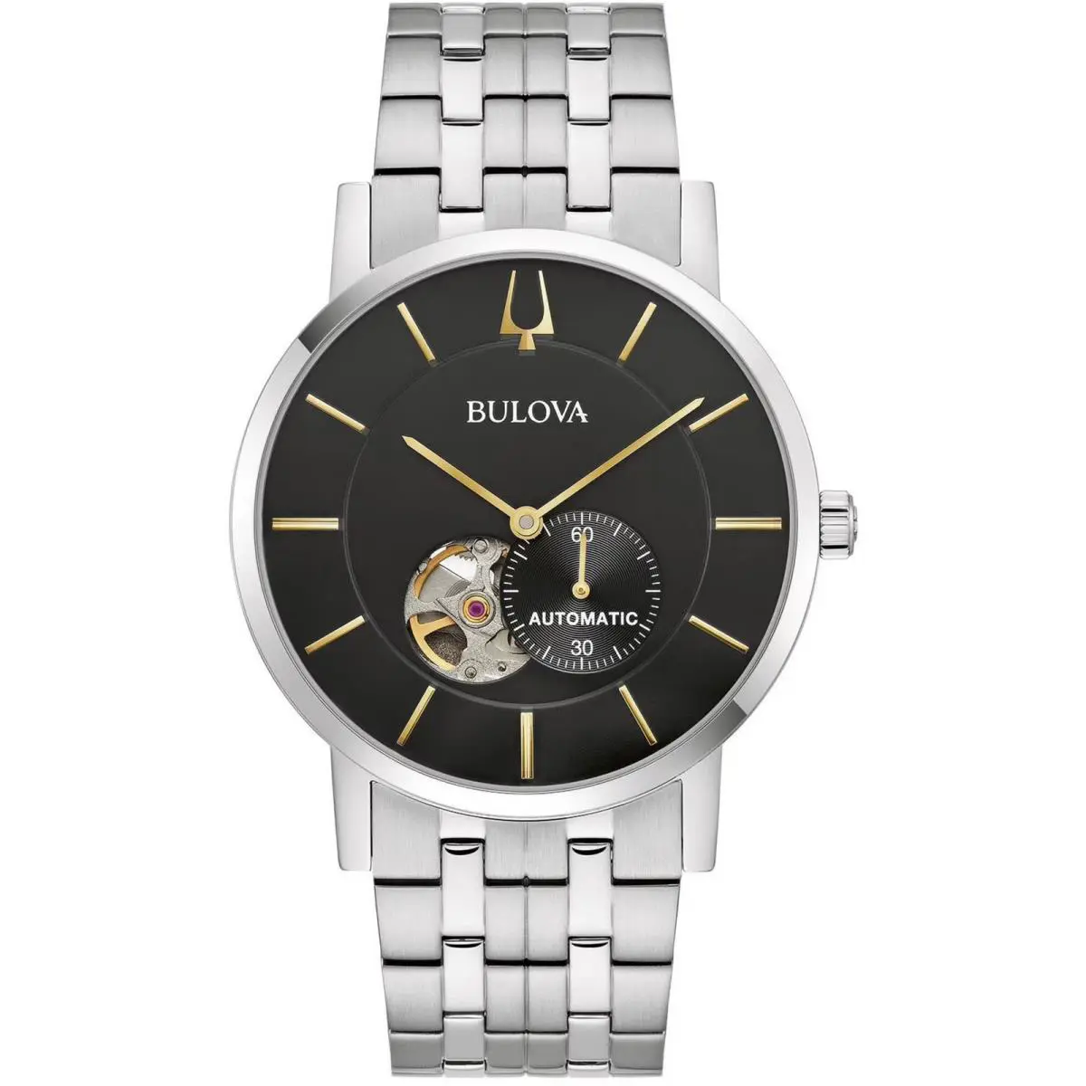 Bulova 96A305 Men`s Clipper Series Aperture Skeleton Black Dial Automatic Watch - Dial: Black, Band: Silver, Bezel: Silver