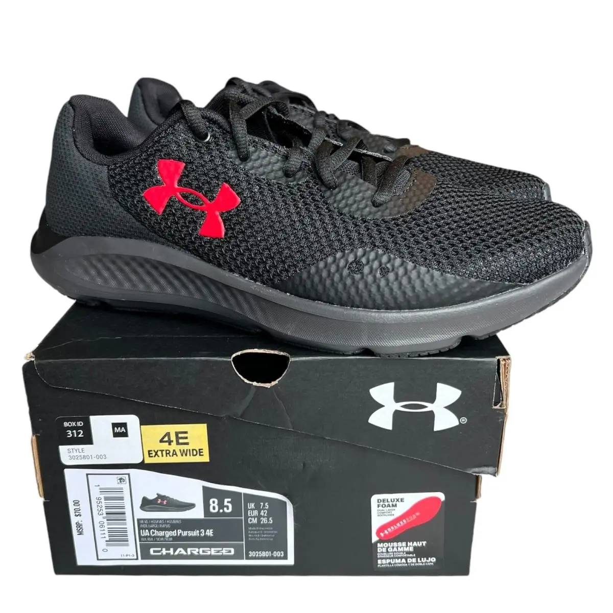 Under Armour Charged Pursuit 3 Size 8.5 4E Wide Men`s Athletic Shoes 3025801-003