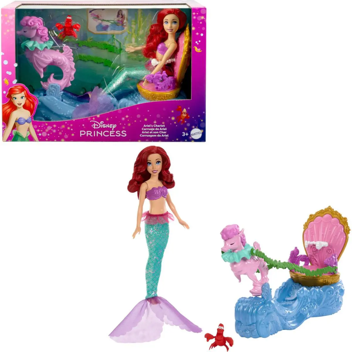 Mattel Disney Princess Ariel Mermaid Doll Rolling Chariot with Removable