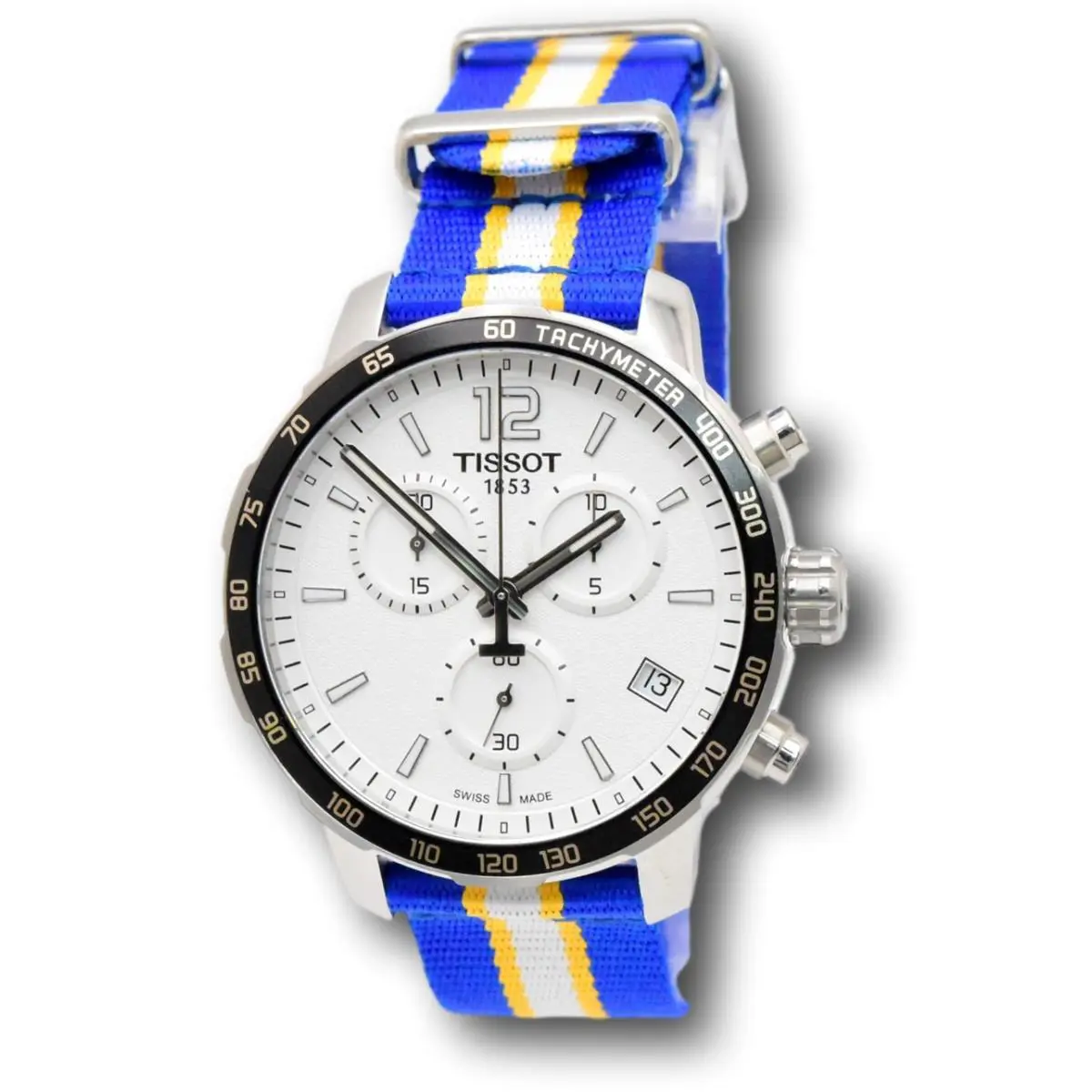 Tissot Quickster Nba Golden State Warriors Chrono Men`s Watch T0954171703715 - Dial: Gray, Silver, White, Band: Blue, White, Yellow, Bezel: Beige, Black, Yellow