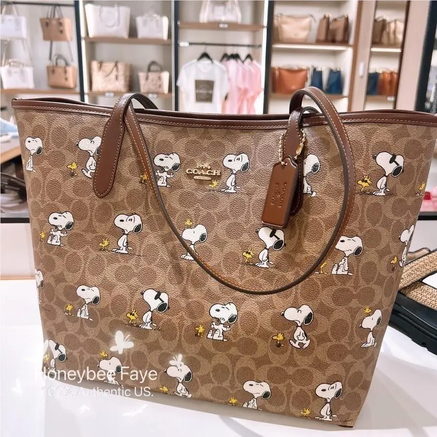X Peanuts City Tote Bag In Signature Canvas with Snoopy Print/patches CBJ89 Im/Tan/Brown Multi by Coach