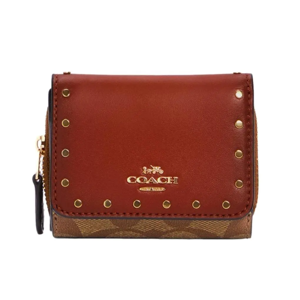 Coach Signature Canvas with Rivets Georgie Saddle Small Trifold Wallet