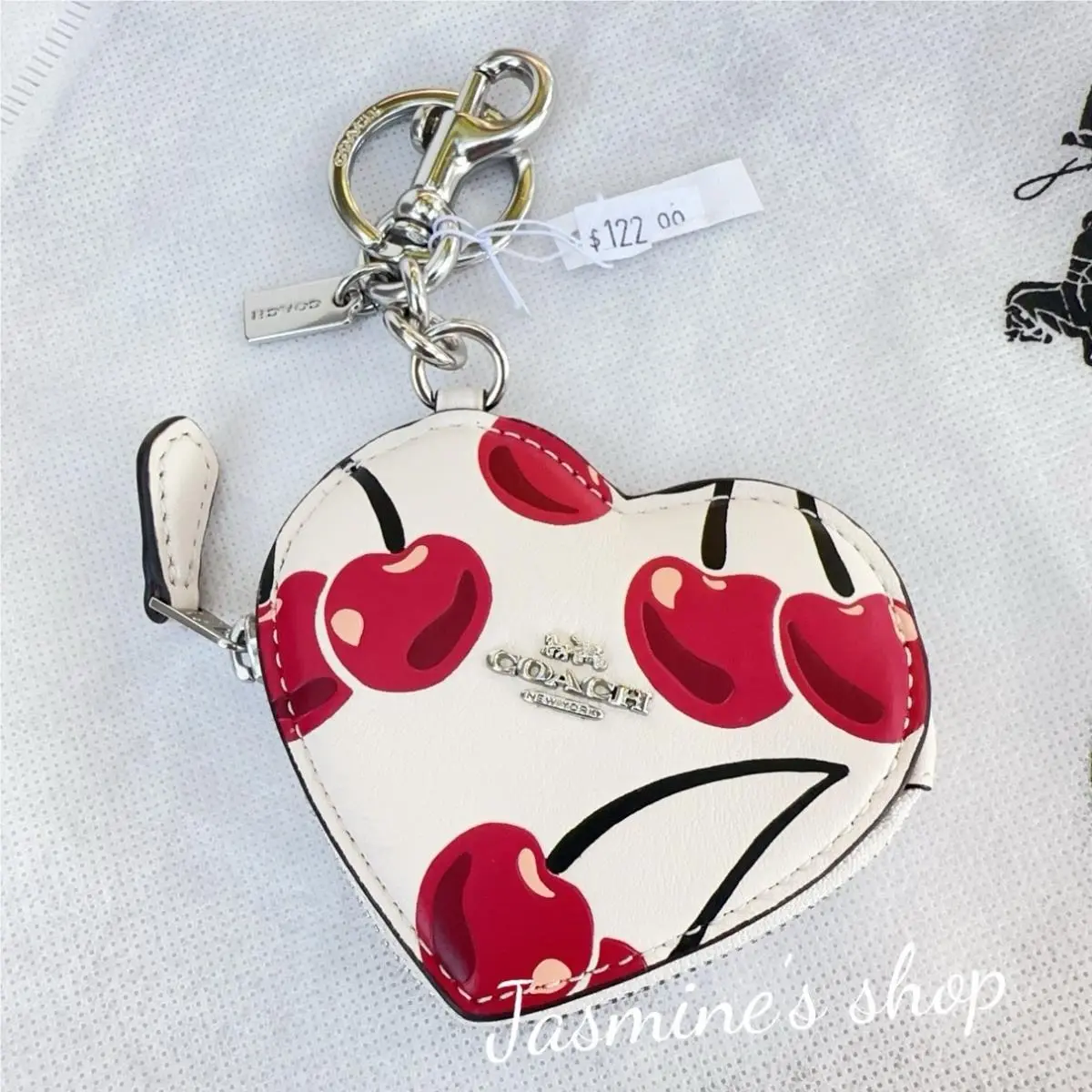 Limited Coach CZ091 Leather Heart Coin Pouch Bag Charm with Cherry Print