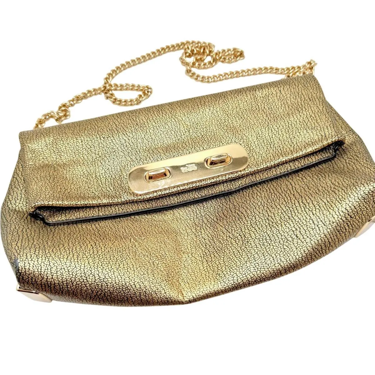 Metallic Gold Pebble Leather Swagger Clutch Crossbody Chain Strap Turnlock by Coach