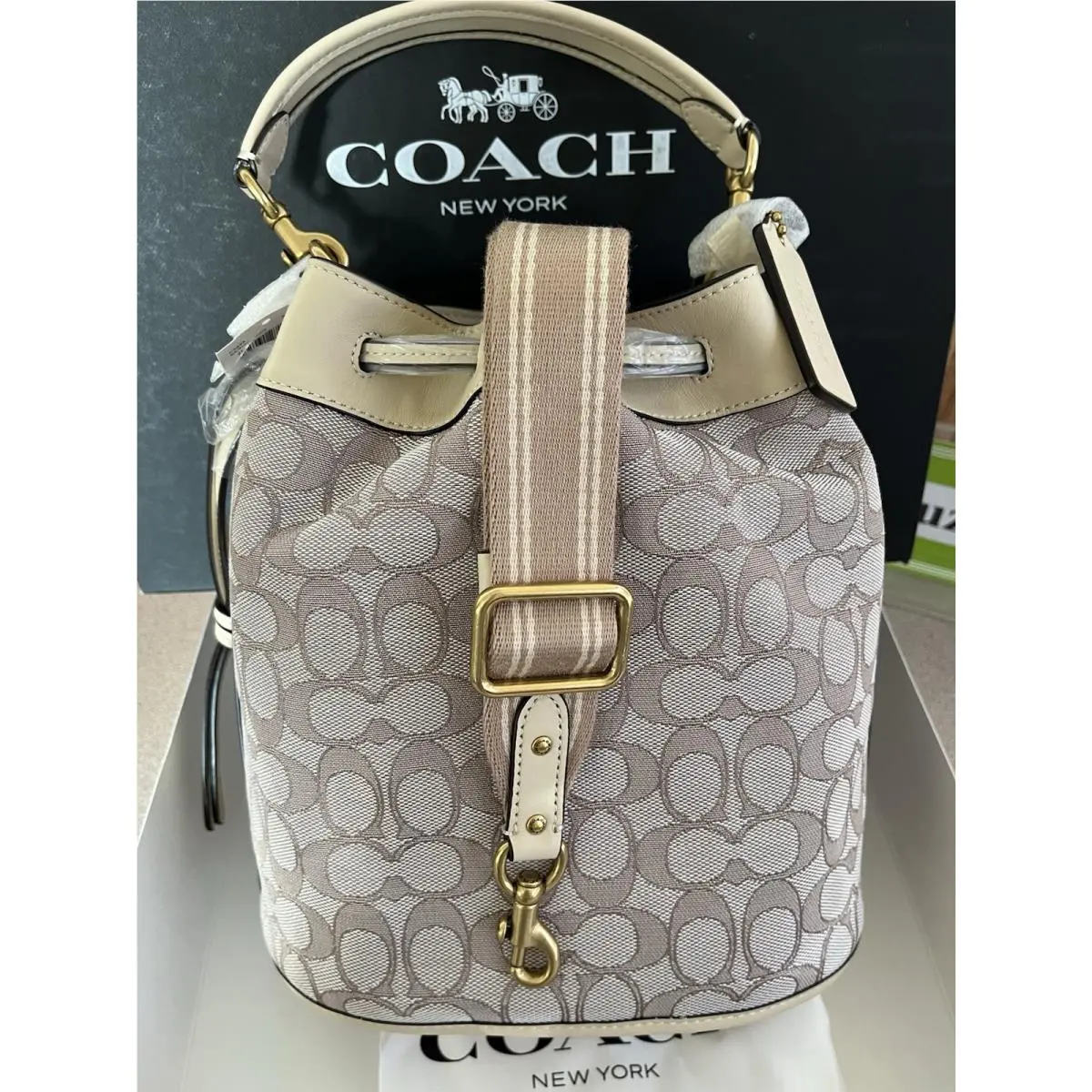 Coach Jacquard Leather Field Bucket Bag Stone Ivory C3853