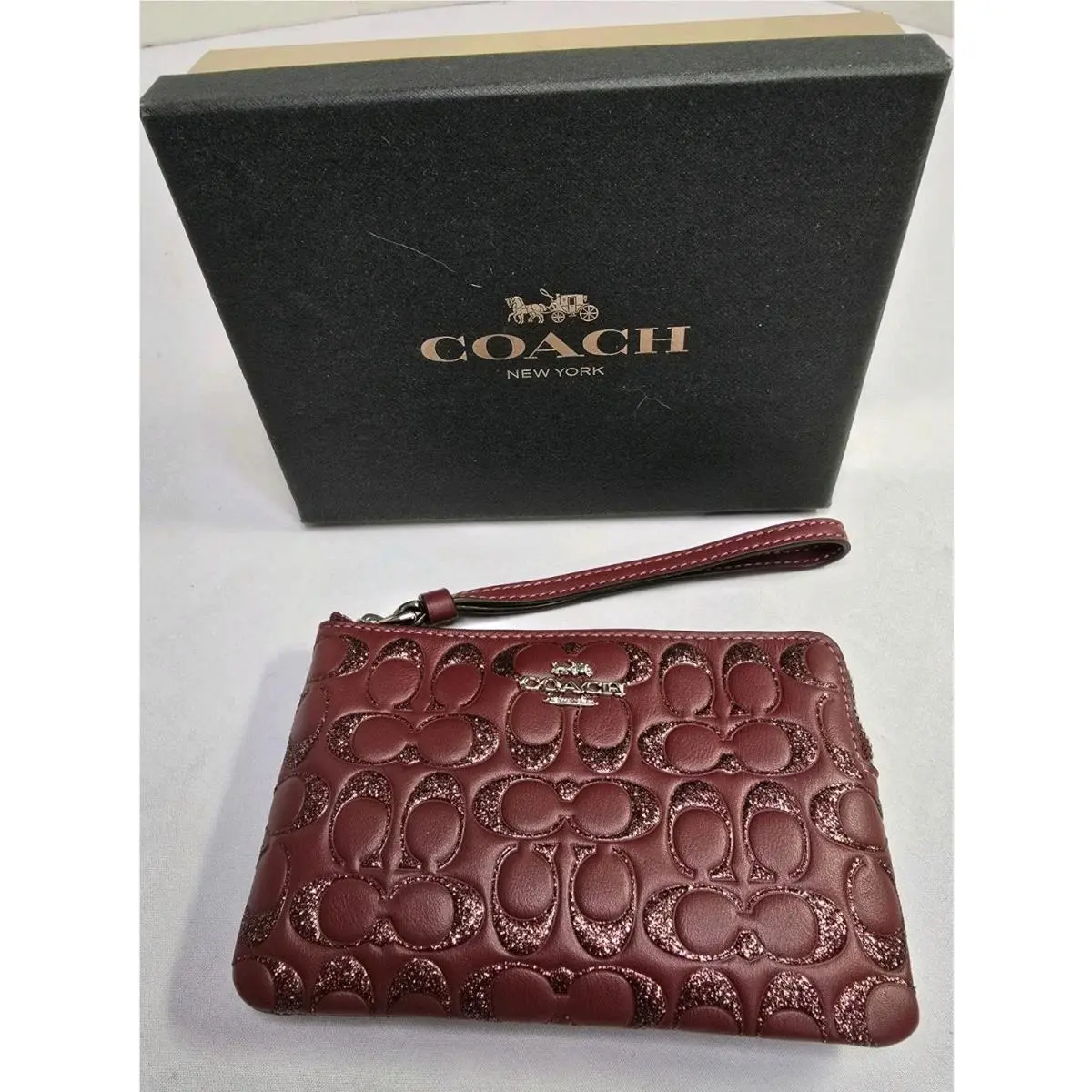 Coach Boxed Corner Zip Wristlet in Glittered Signature Leather F80214