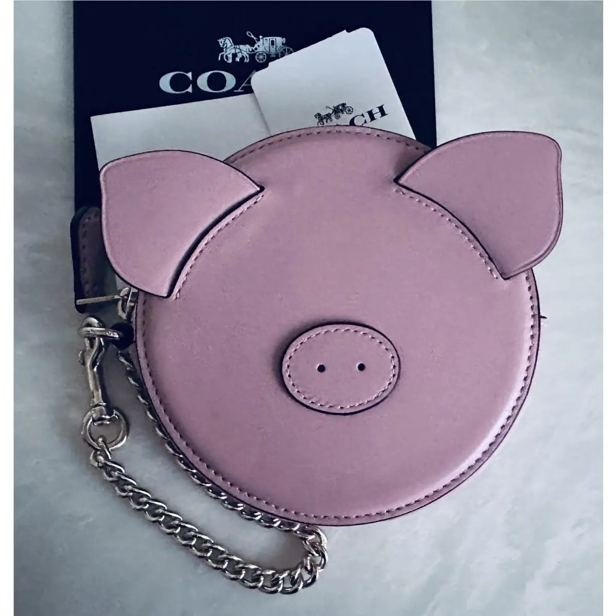 Coach Lunar Piggy Pink Leather Zip Coin Case/purse Chain Strap 53619