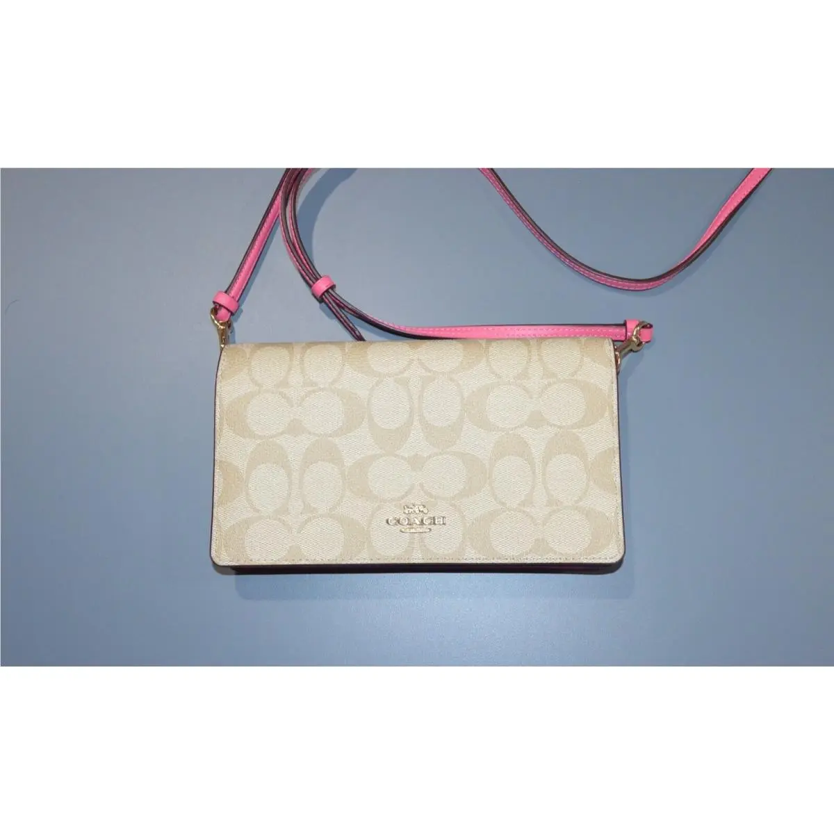 Coach 3036 Signature Coated Canvas Khaki/pink Foldover Clutch Crossbody Bag