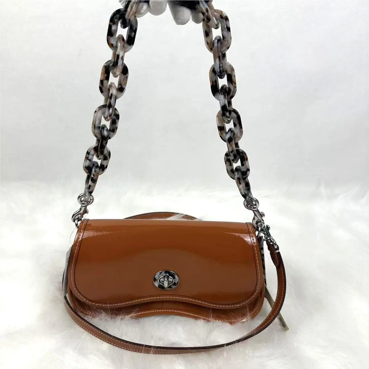 Coach Mini Wavy Dinky Bag In Crinkle Patent Coachtopia Leather Crossbody Amber