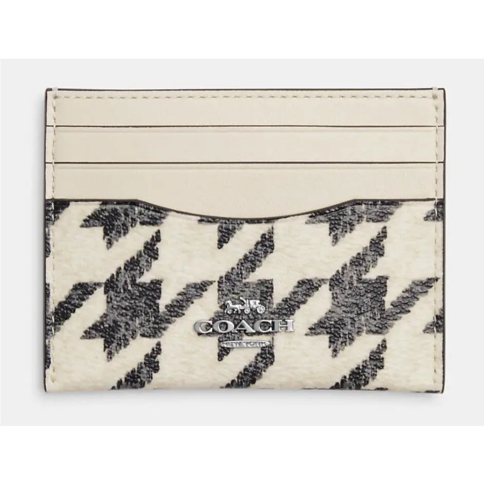 Coach Houndstooth Card Wallet Slim Id Case CJ722 Black Leather Coated Canvas
