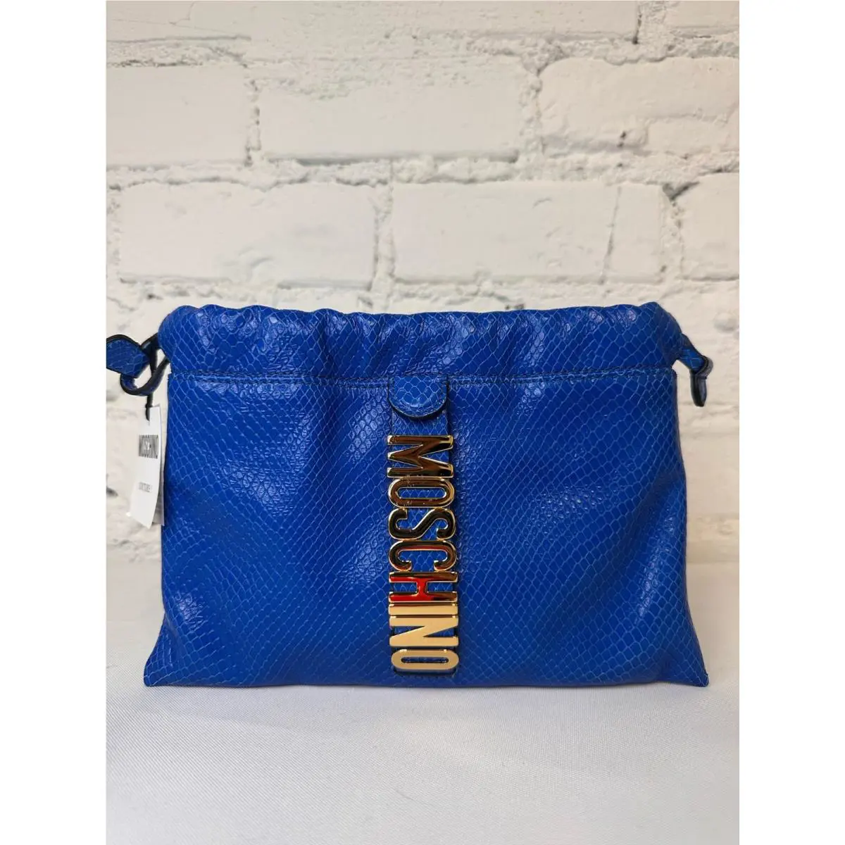 SS22 Moschino Couture Jeremy Scott Blue Leather Shoulder Bag Gold Vertical Logo