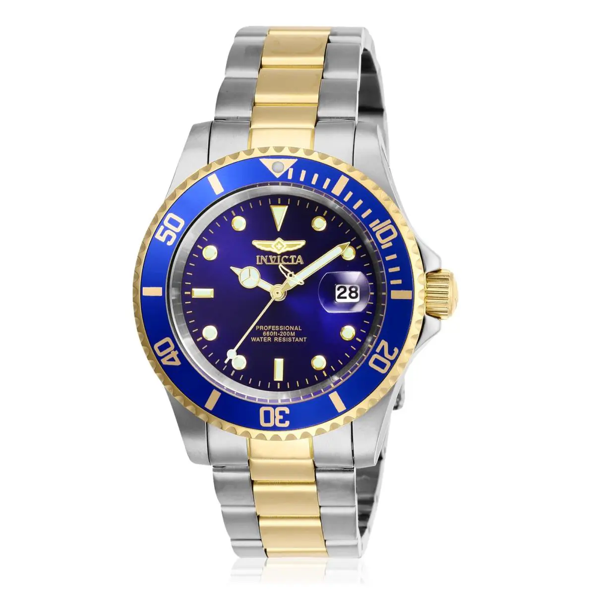 Invicta Men`s Pro Diver Quartz Watch with Stainless Steel Strap Two Tone - Two-Tone/Blue, Dial: Blue, Band: Silver, Gold