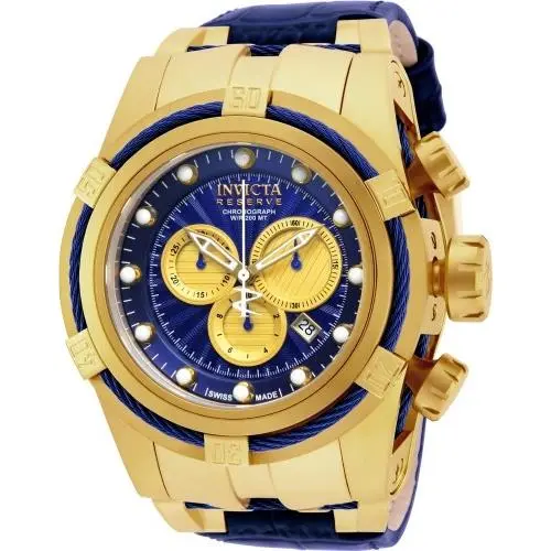 Invicta Mens Reserve Bolt Zeus 53mm Gold/blue Tone Swiss Made Leather Strap Watc