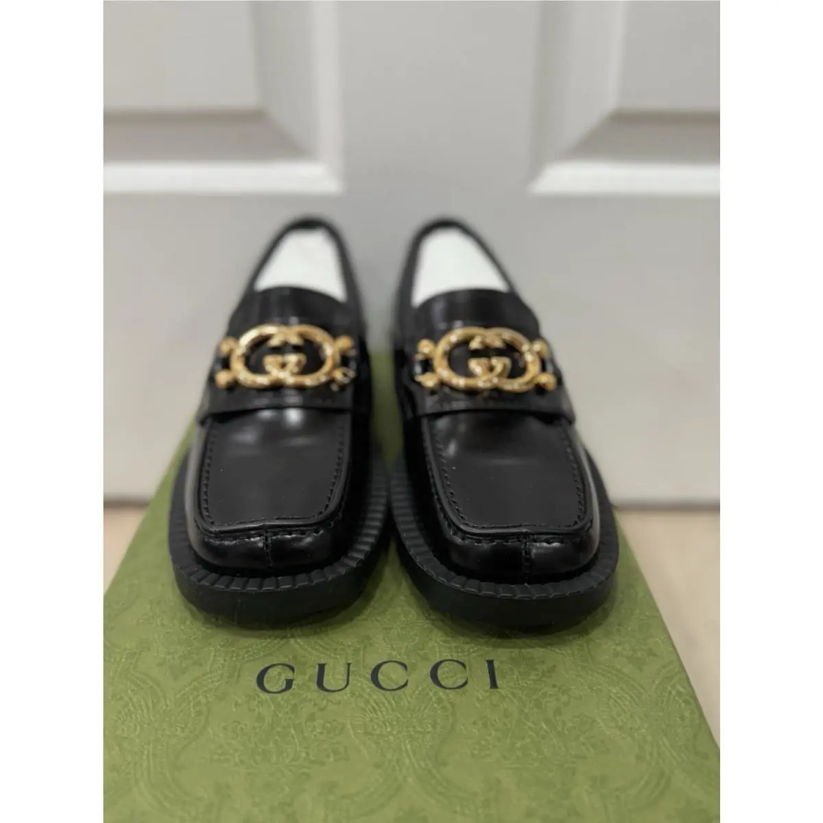 Gucci Spice Lux Nappa Black Patent Gold Interlocking G Loafers US 4 34
