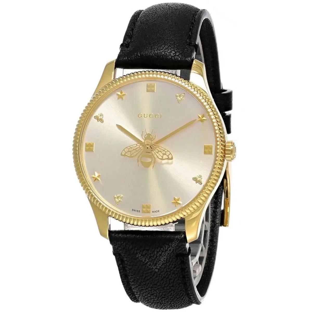 Gucci G-timeless YA1264181 Quartz Silver Dial Black Leather Strap Watch - Dial: Silver, Band: Black, Bezel: Gold