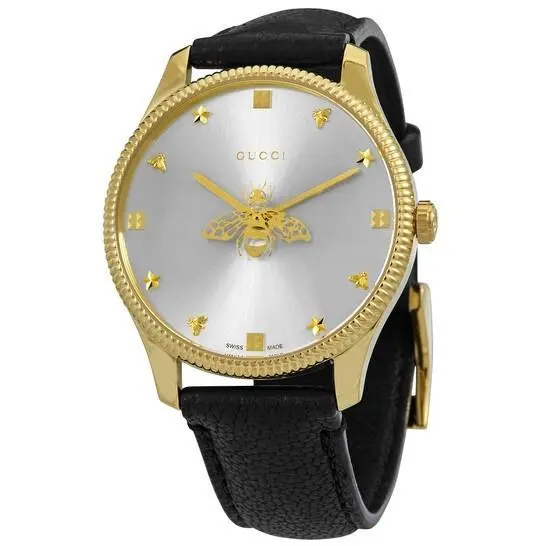 Gucci G-timeless Silver Dial Leather Band Women`s Watch - YA1264181 - Dial: Silver, Band: Black, Bezel: Gold
