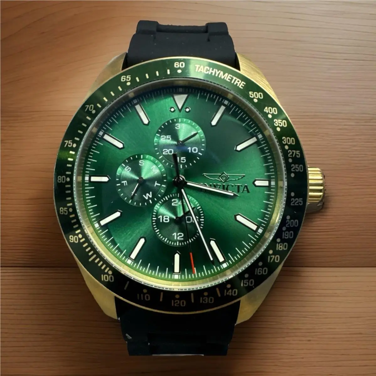 Invicta Aviator Watch Men 45mm Yellow Gold Case Green Dial Silicone Strap 49077 - Dial: Green, Band: Black