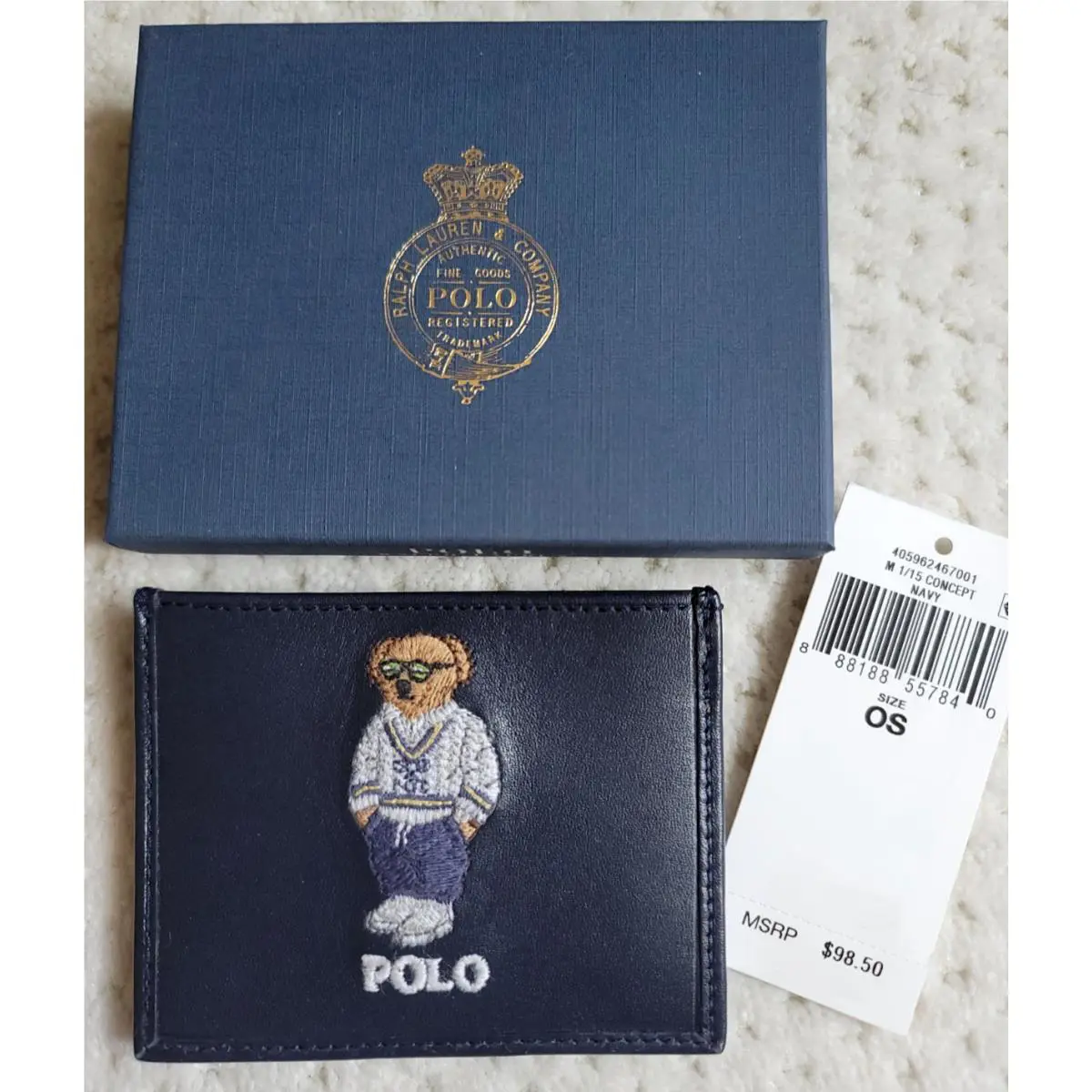 Polo Ralph Lauren Embroidered Bear Blue Leather Card Case Gift Box