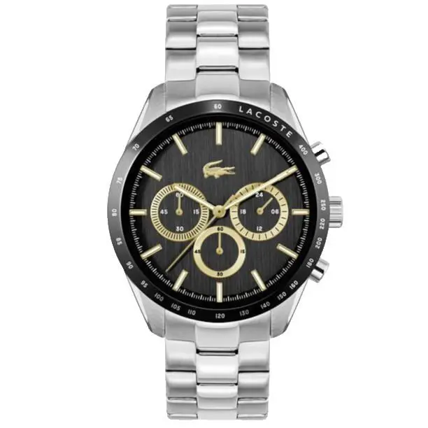 Lacoste Boston 2011272 Black Chronograph Dial Silver Bracelet 32MM Mens Watch - Dial: Black, Band: Silver, Bezel: Gold