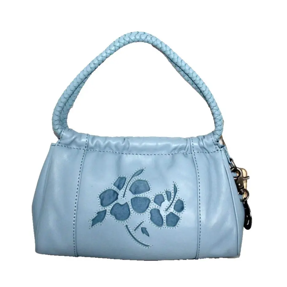 Tommy Bahama Wave Small Hobo Handbag Blue Leather Floral Cutout Pewter Logo Fob