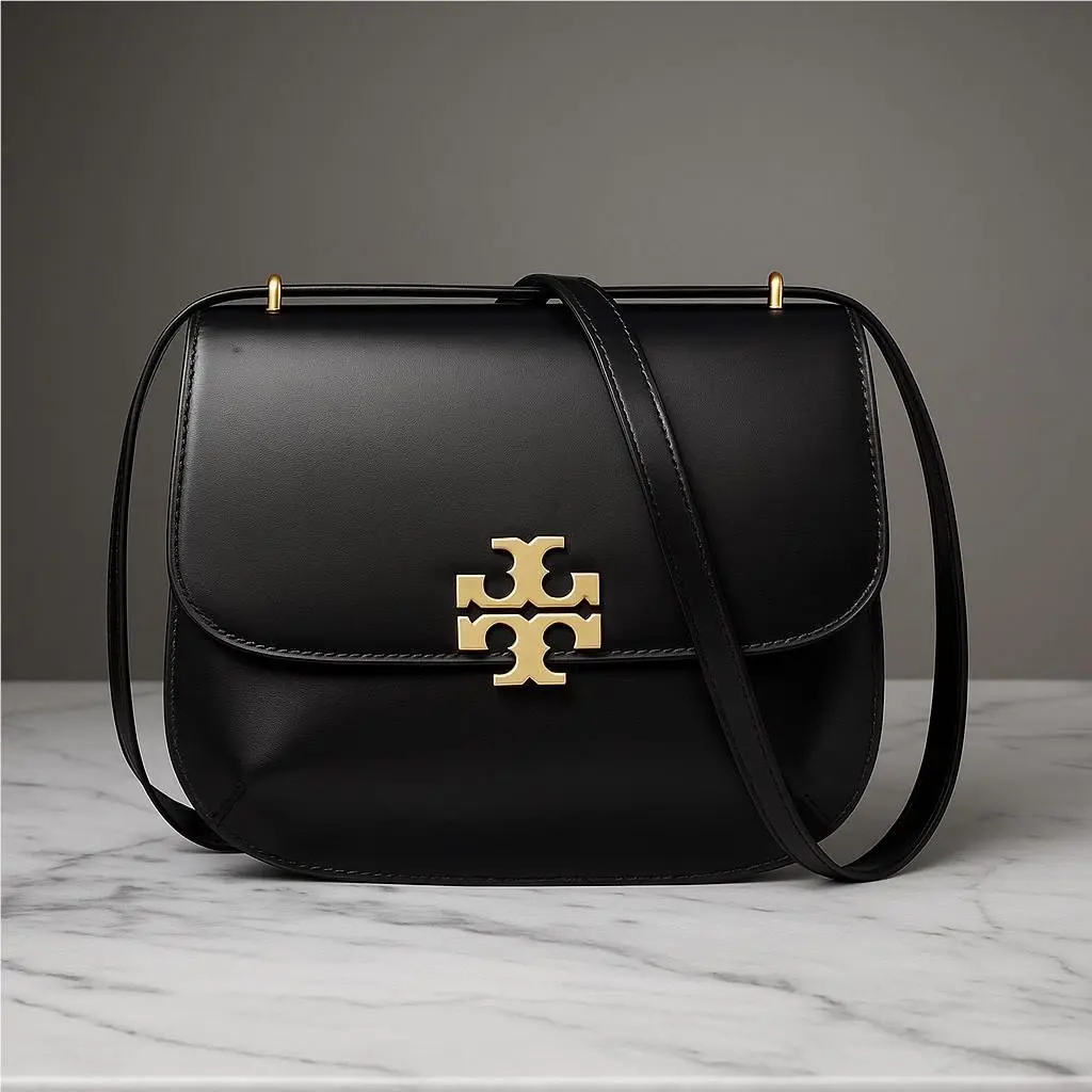 Tory Burch Eleanor Black Smooth Leather Slim Saddle Shoulder Crossbody Bag