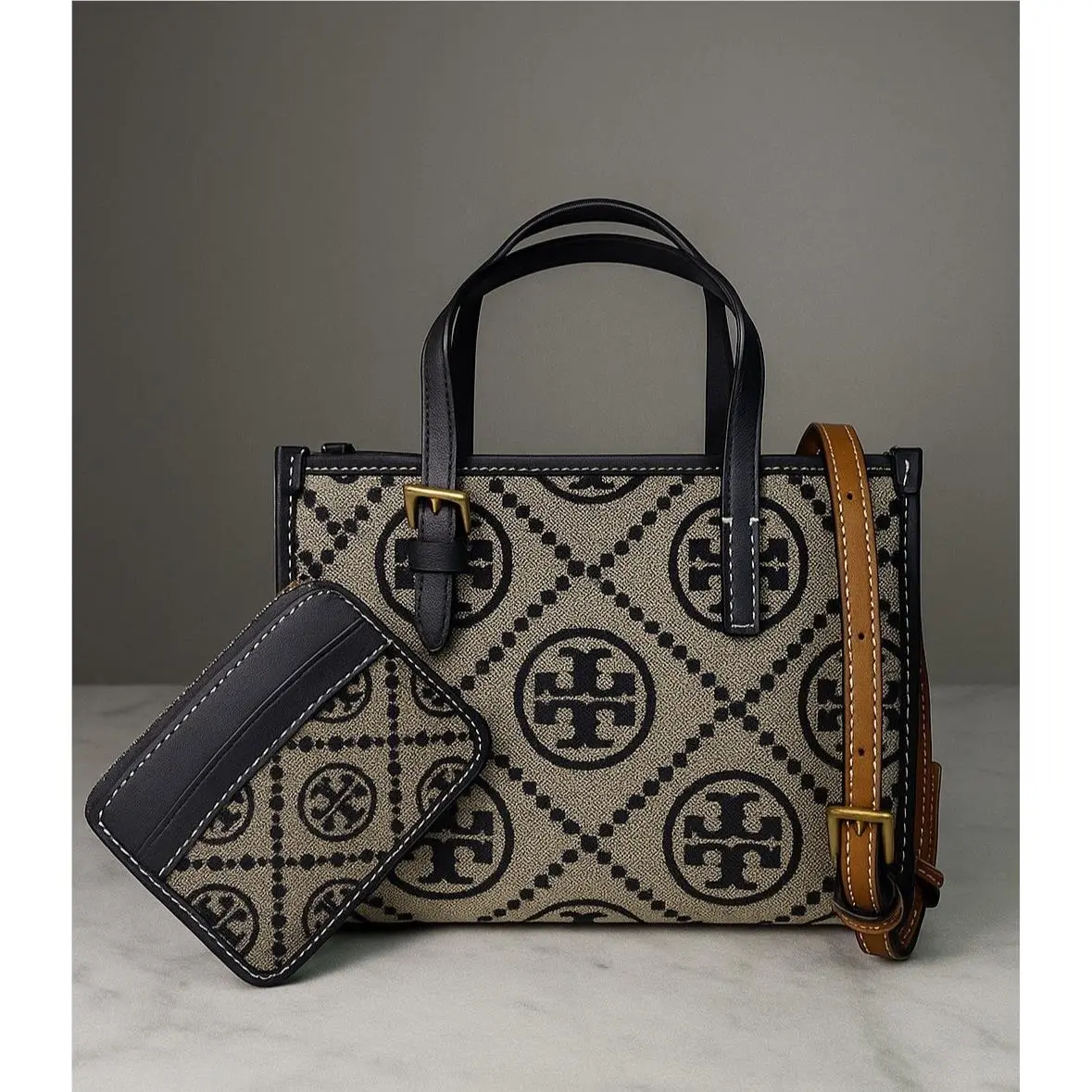Tory Burch T Monogram Tory Navy Jacquard Mini Tote Crossbody Bag + Card Case