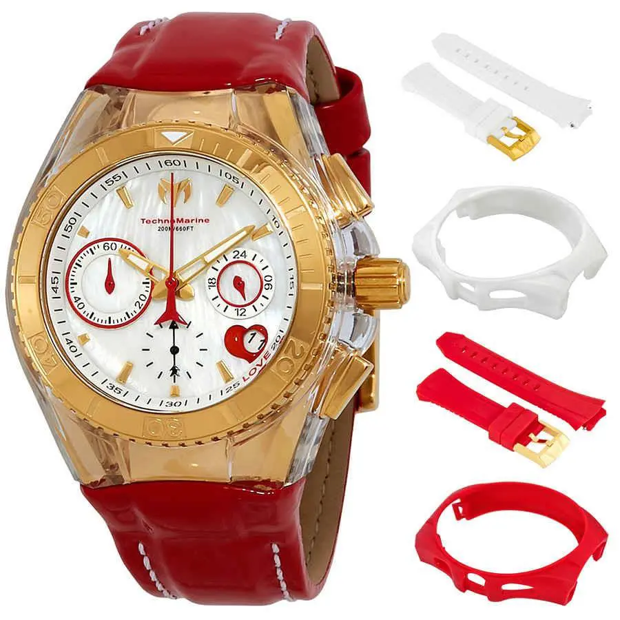 Technomarine Cruise Valentine Chronograph Quartz White Mop Dial Ladies Watch - Dial: White, Band: Red, Bezel: 14kt Gold PVD