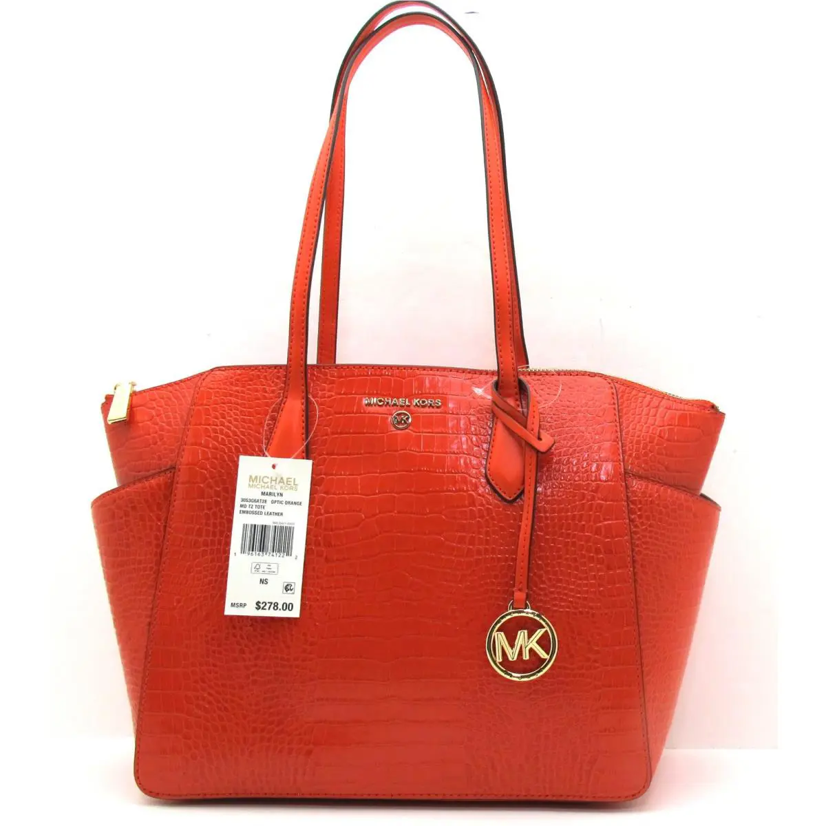 Michael Kors Marilyn MD Top Zip Tote Embossed Leather Optic Orange