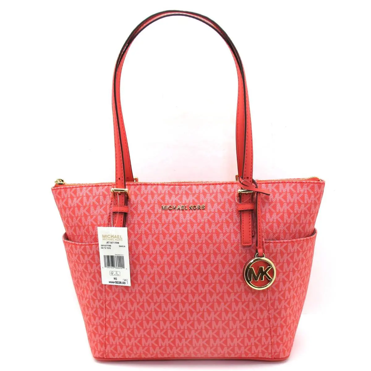 Michael Kors Jet Set EW Coated Canvas Top Zip Tote MK Logo Dahlia