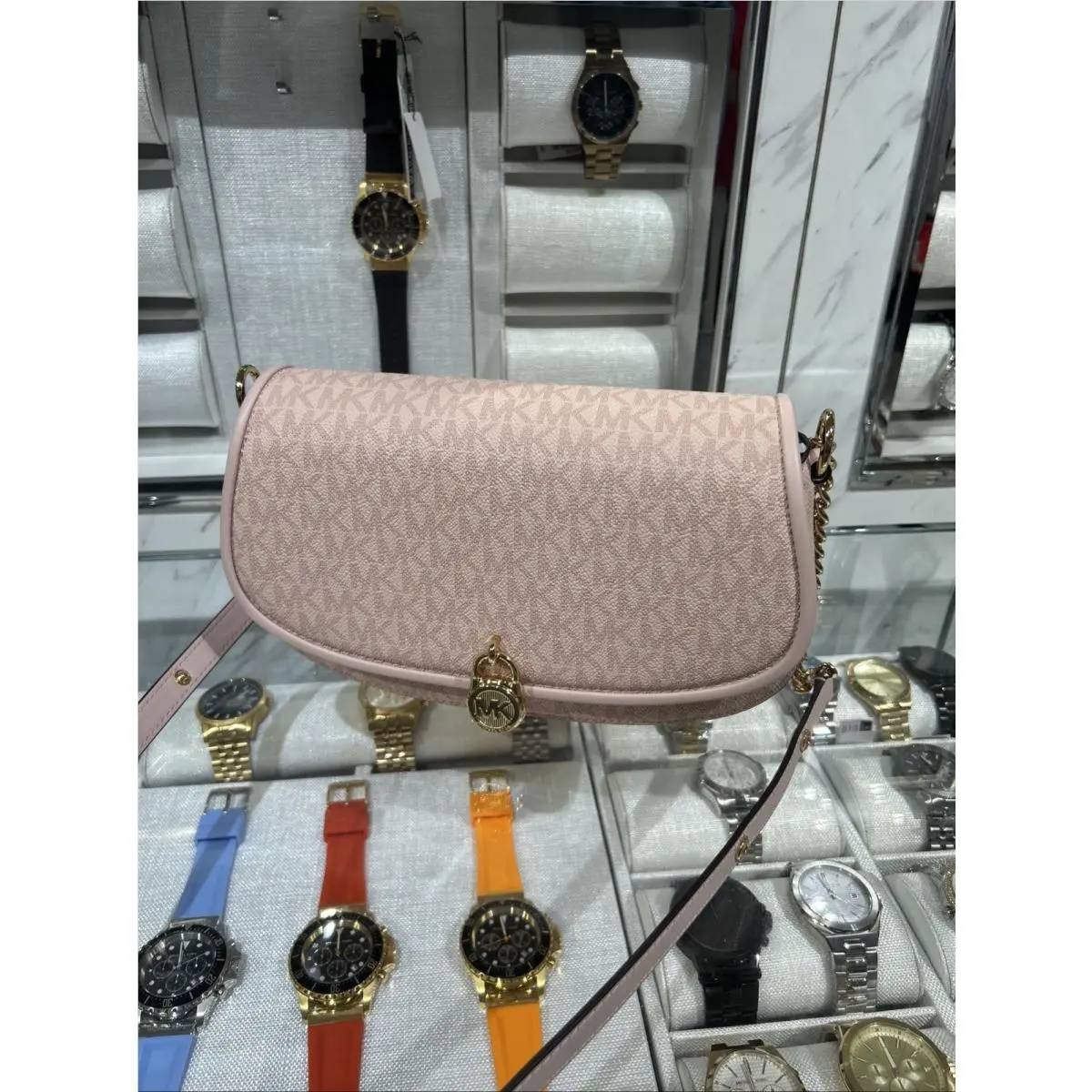Michael Kors Mila Medium Flap Crossbody MK Lock Bag Purse Blush Pink Logo Gold