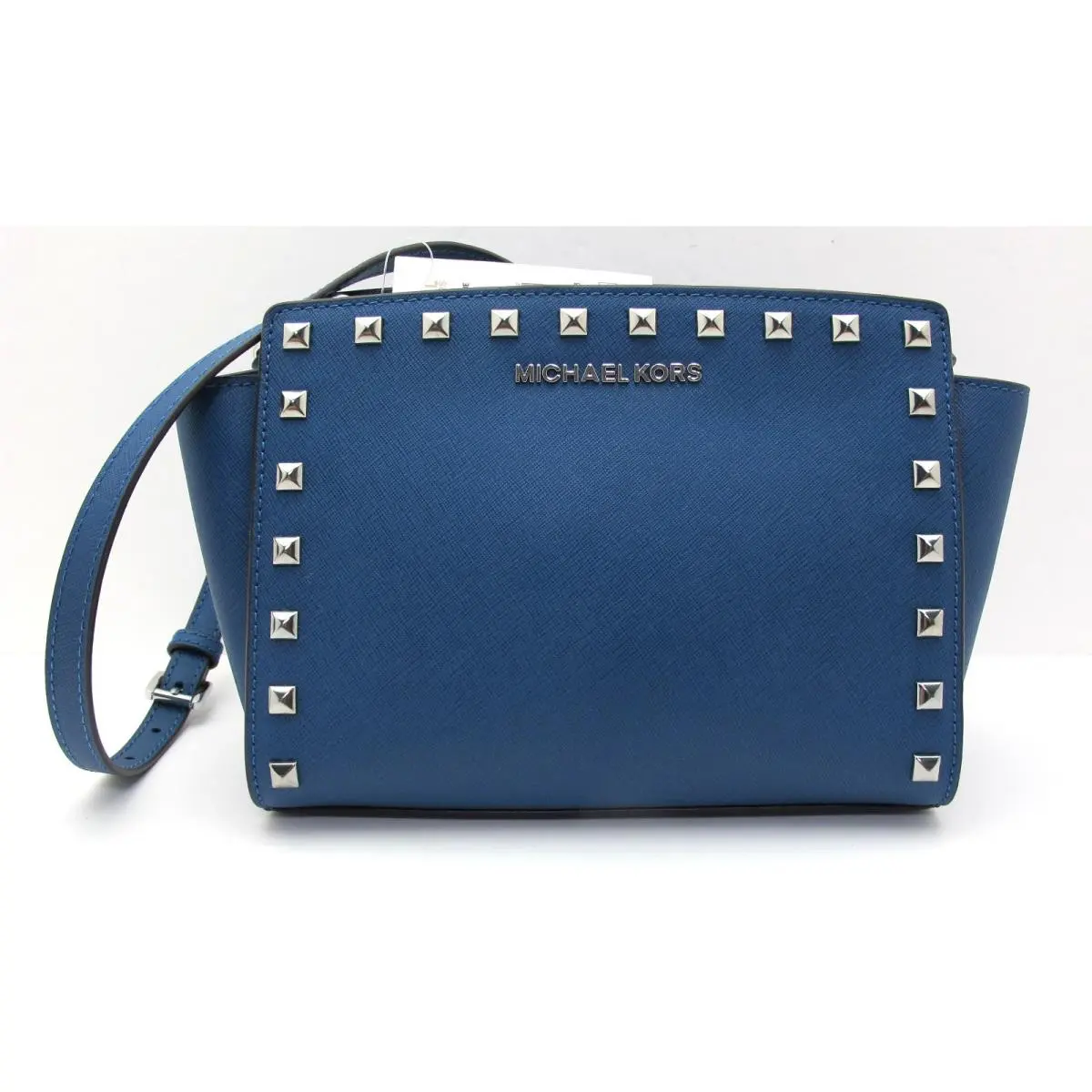 Selma Stud MD Messenger Crossgrain Leather Steel Blue by Michael Kors