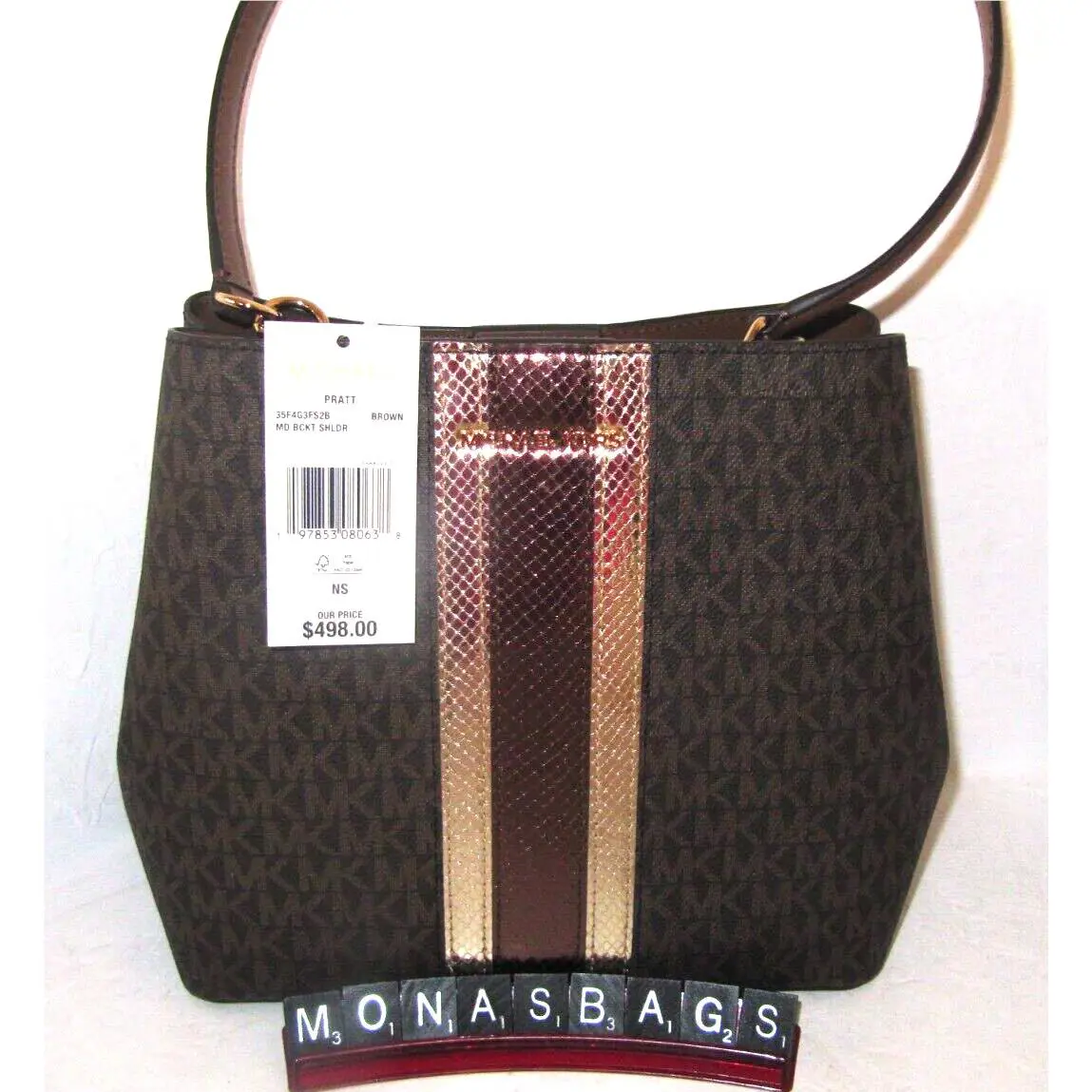 Michael Kors Pratt Medium Brown Logo Gold Metallic Shoulder Bucket Bag