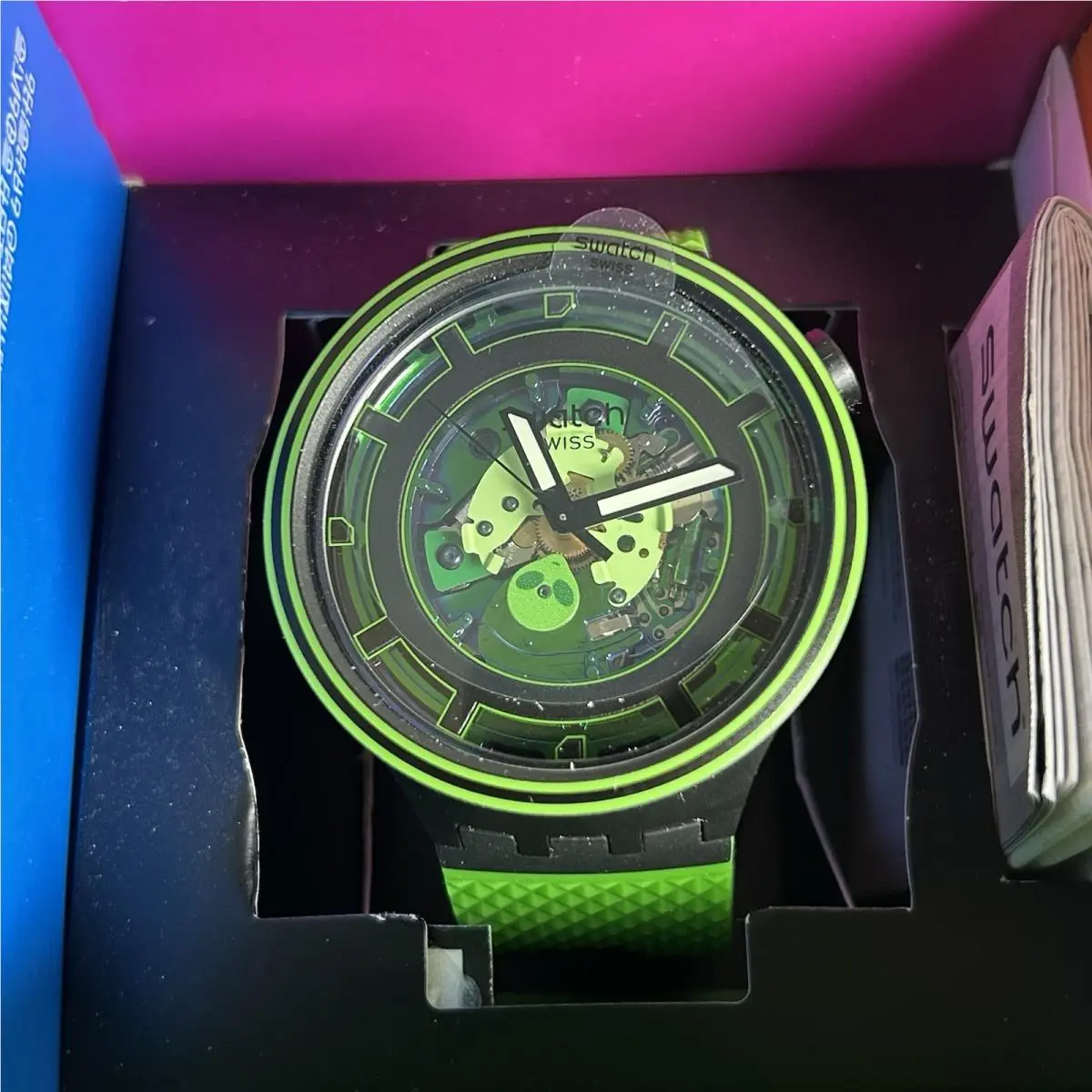 Swiss Swatch Big Bold Come In Peace Planets Quartz Green Watch SB01B125 47MM - Dial: Green Transparent (Skeleton), Band: Green (Black Back), Bezel: Black