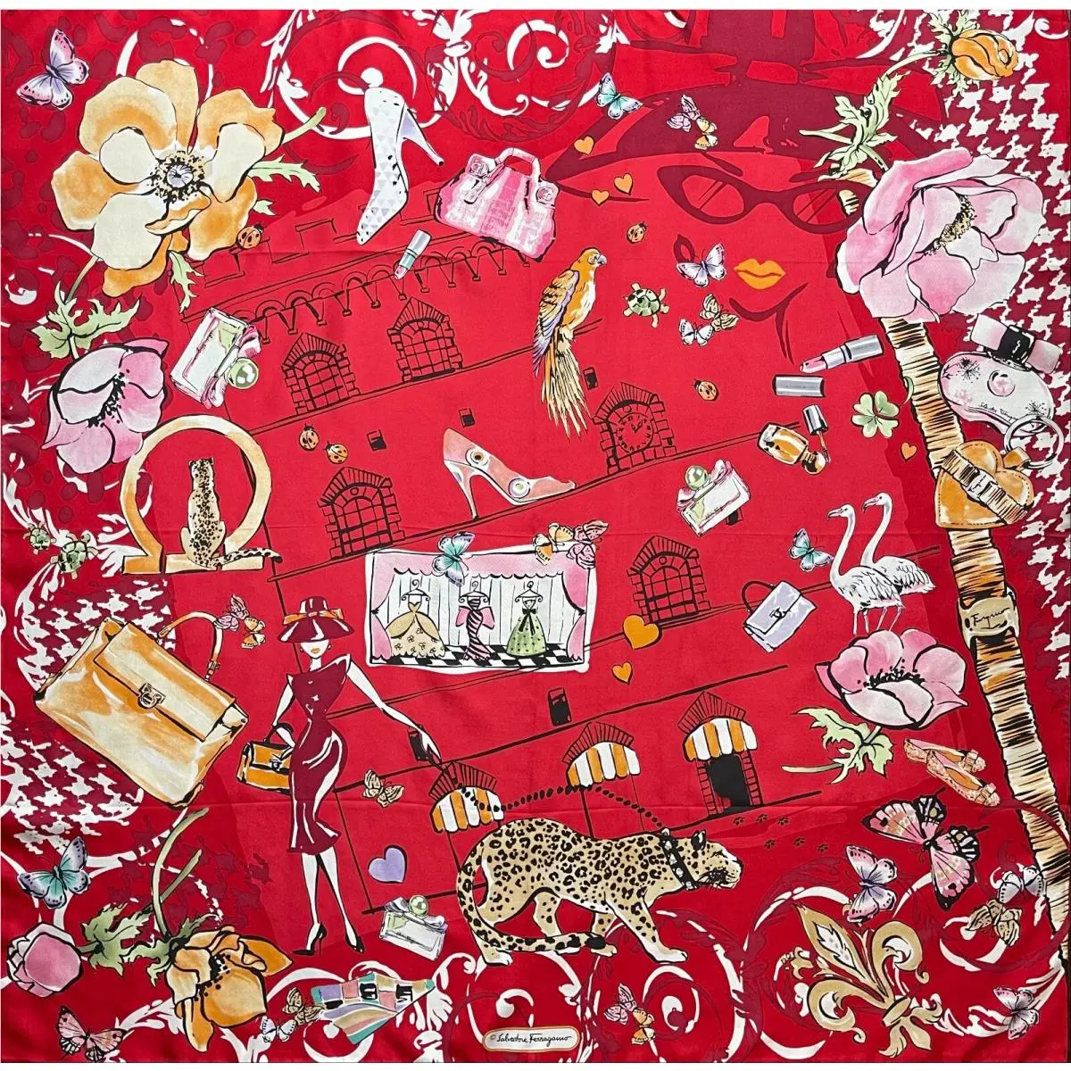 Unisex Salvatore Ferragamo Silk Scarf Icons Animal Flora Beauty Bag Red Wrap