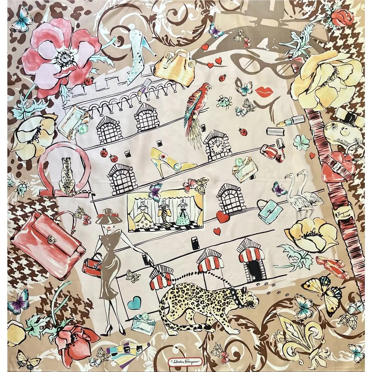 Salvatore Ferragamo Silk Scarf Icons Beauty Animal Floral Beige Wrap
