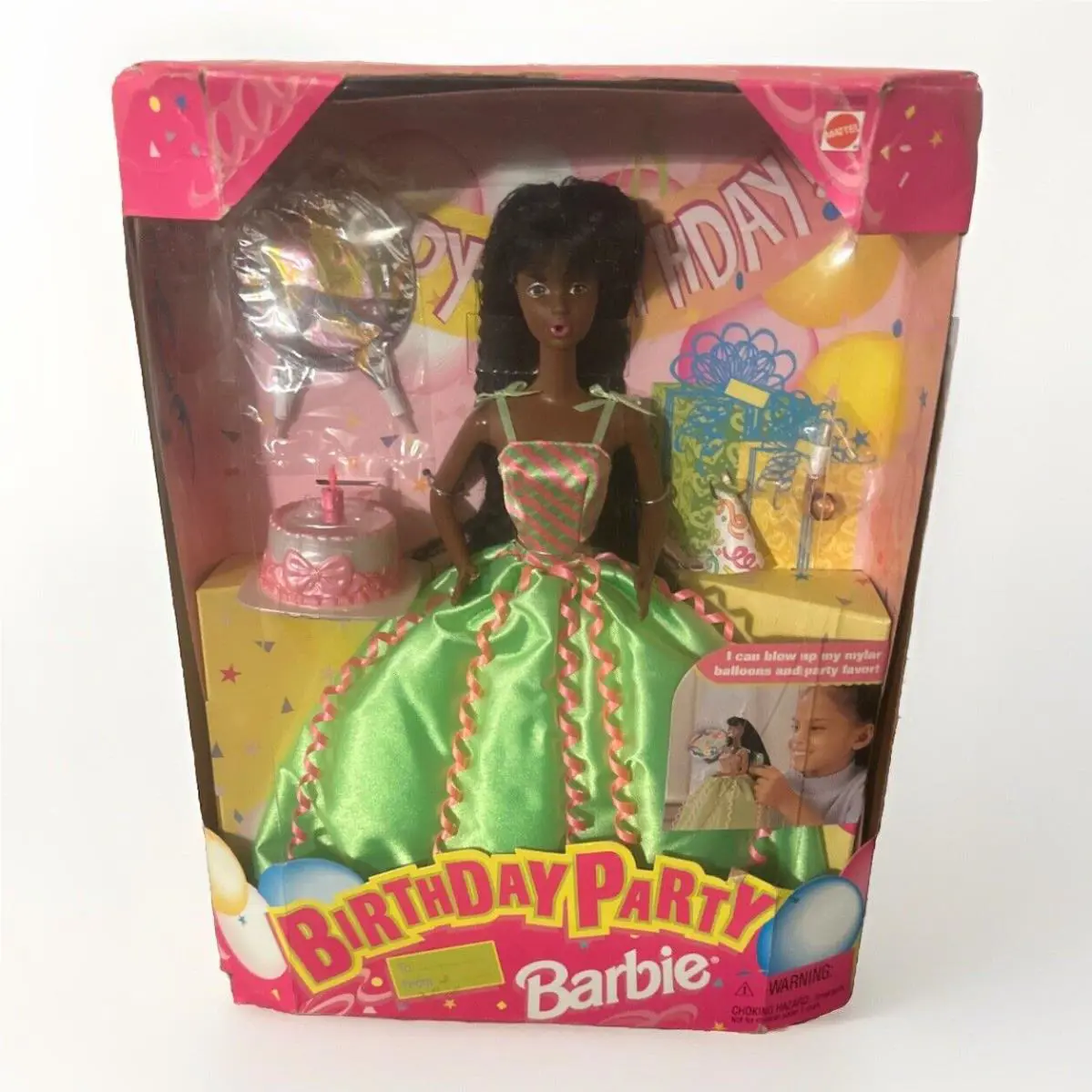 1998 Birthday Party Barbie African American Blows Balloons Box Ware
