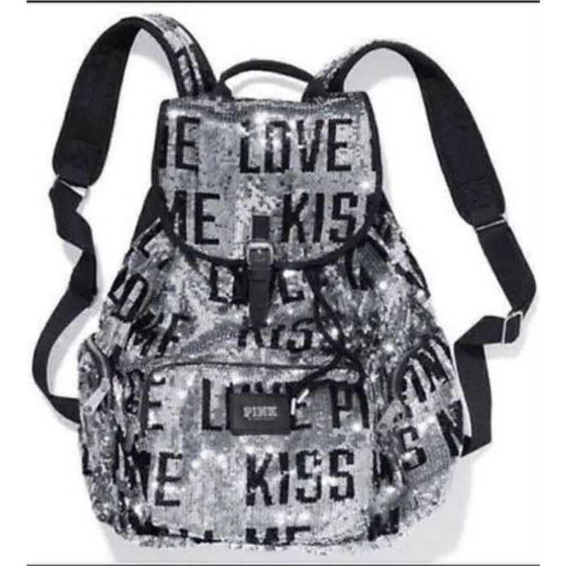 Victoria s Secret Pink Bling Sequin Canvas Backpack School Travel Bag Tote Rare