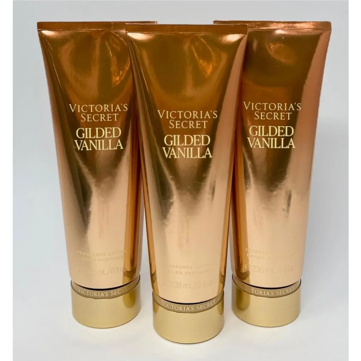 3 Victoria`s Secret Gilded Vanilla Fragrance Lotion Body Hand Cream 8 OZ Large
