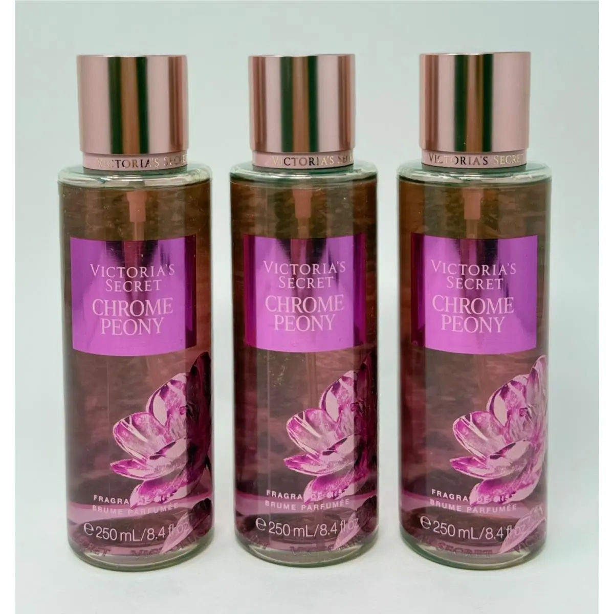 3 Victoria`s Secret Chrome Peony Fragrance Mist Body Spray Champagne Raspberry