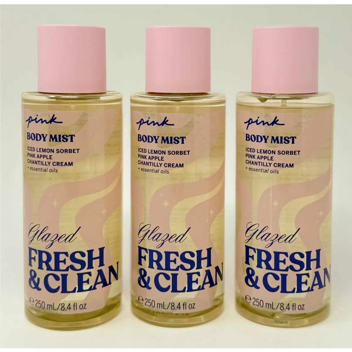 3 Victoria`s Secret Pink Glazed Fresh Clean Scented Body Mist Spray Fragrance