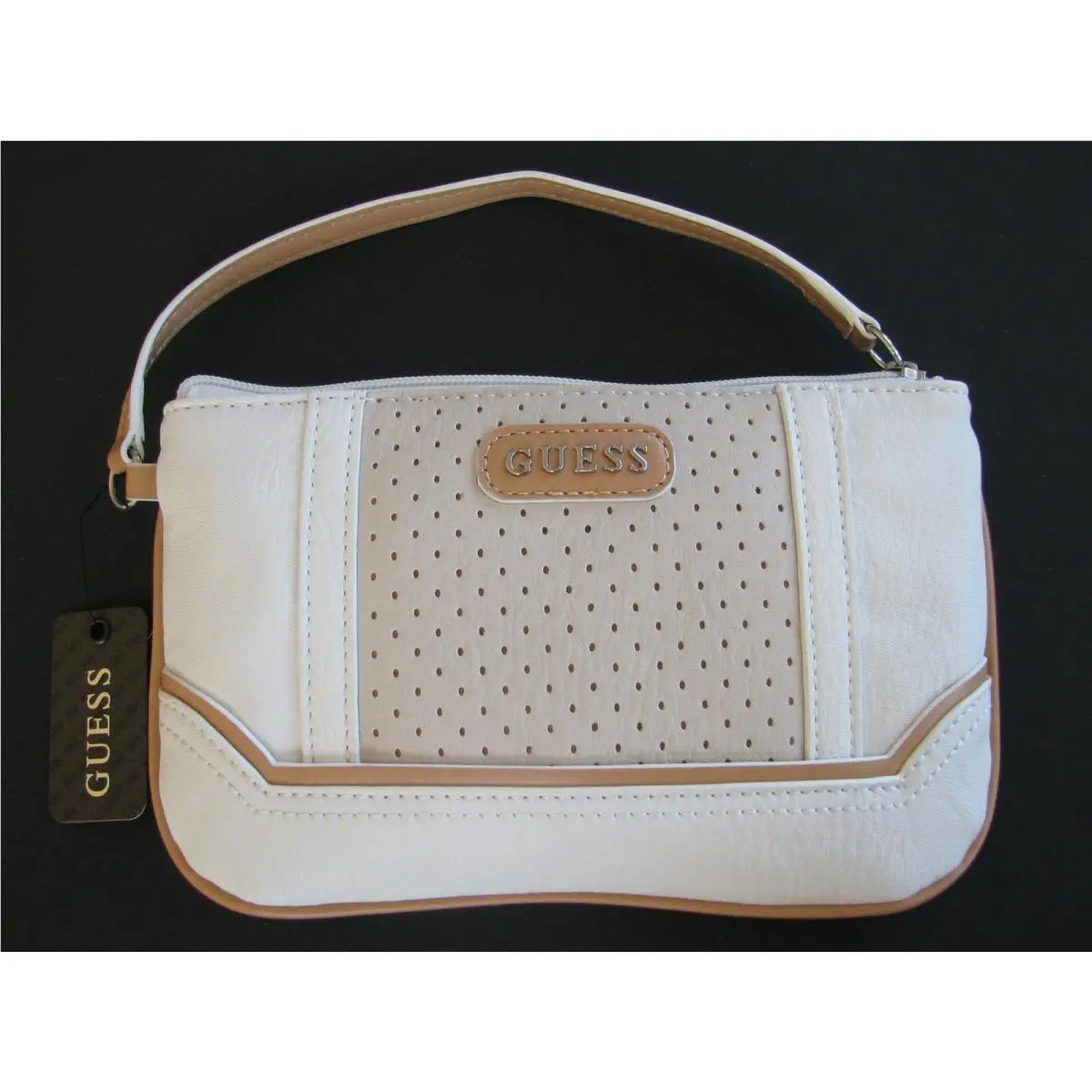 Guess White Taupe Mariola Style Texture Wristlet Wallet Clutch Bag