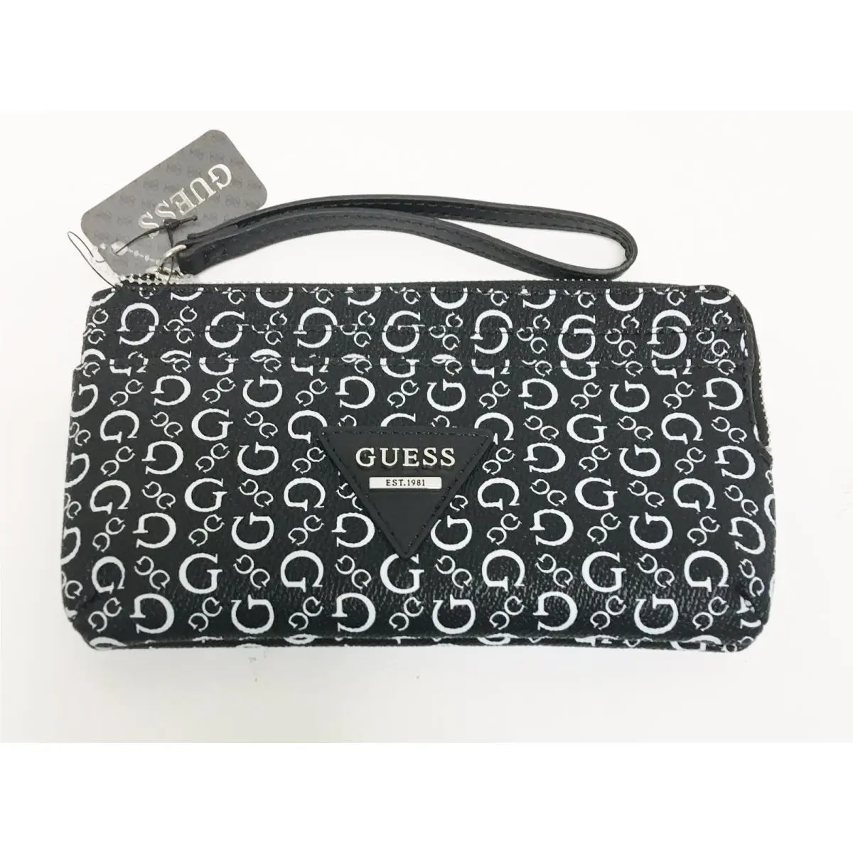 Guess Onyx Black+white Pvc Silver Zip Wristlet Clutch Wallet Phone Case