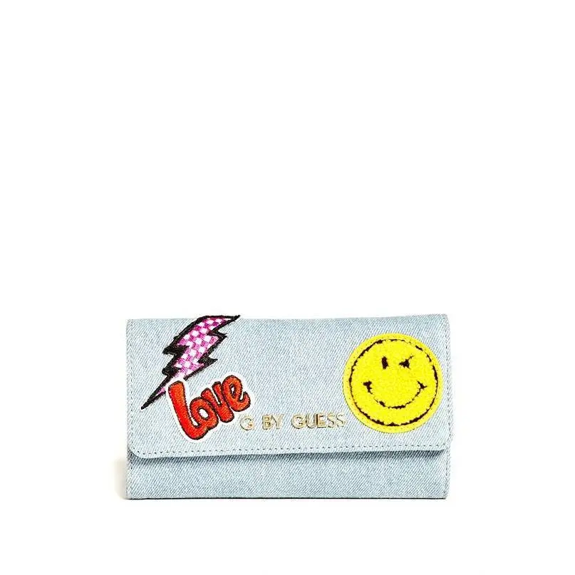 G BY Guess Sara Denim Blue Red Love Yellow Funny Face Tri-fold Flap Wallet