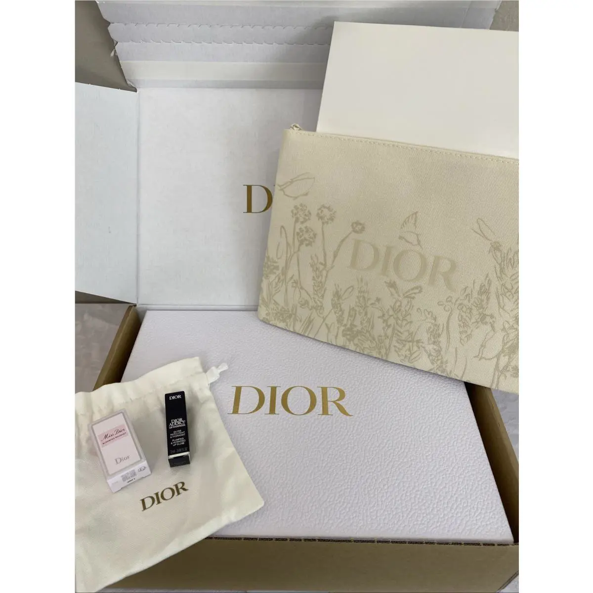 Christian Dior Lot W/ Pouches Miss Dior Perfume Lip Addict In Box