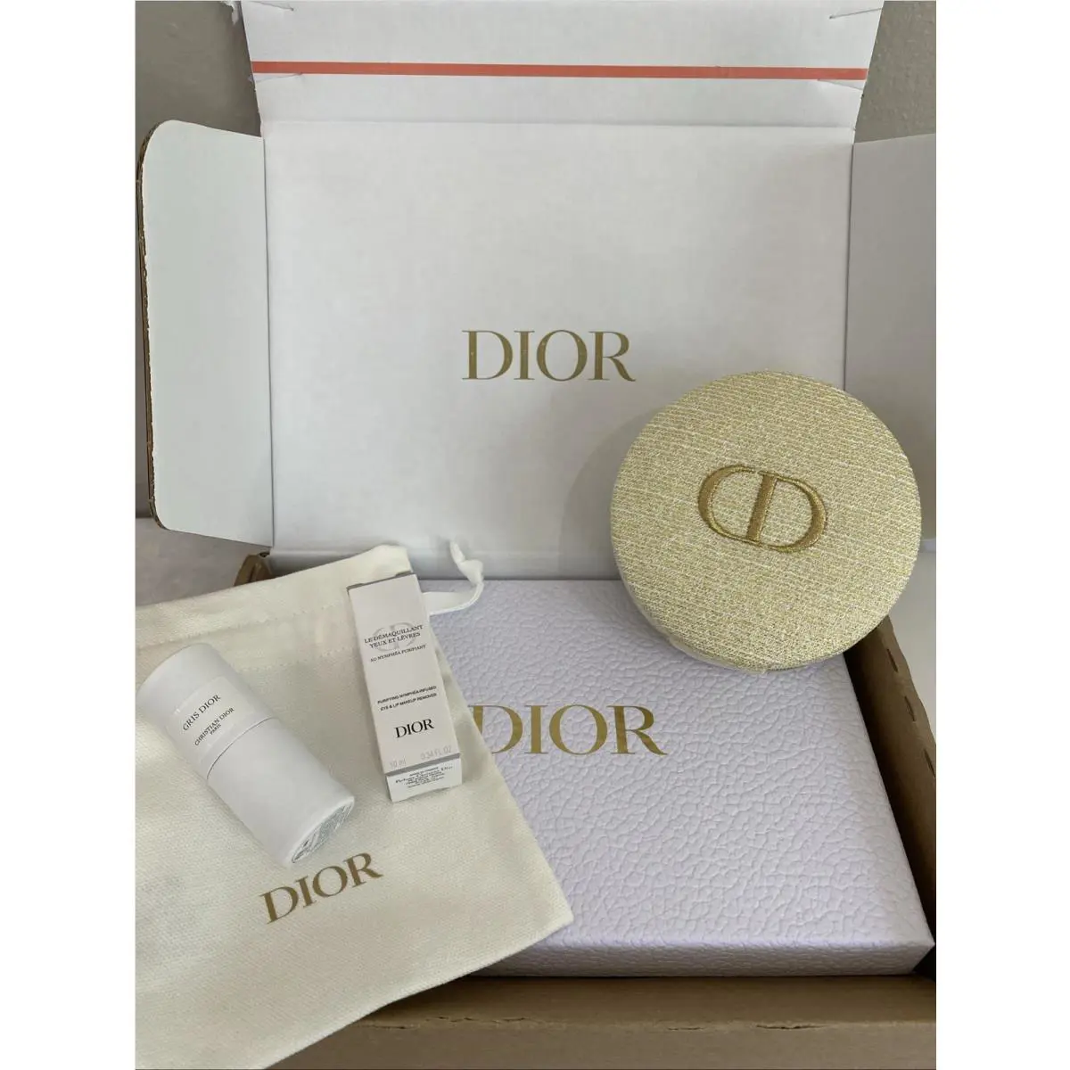 Dior Lot: Gold Jewelry Travel Pouch Gris Dior Perfume Dior Makeup Remover