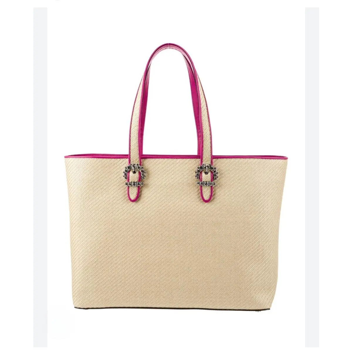 Jimmy Choo Cheri Tote Raffia Pink Magenta Leather Crystal Buckles Shoulder Bag